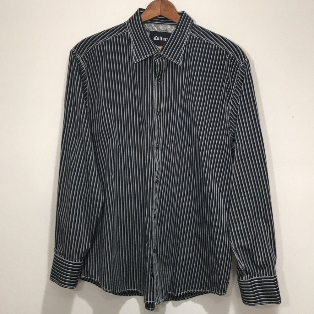 Cultura Black & White Striped Mens Button Up Dress Shirt